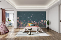 "Teal botanical wallpaper with wildflowers"
