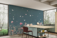 "Botanical wallpaper with teal floral theme"
