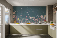 "Teal wallpaper featuring flowers and leaves"
