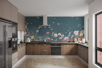 "Teal wallpaper featuring delicate botanicals"

