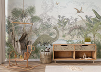 "Prehistoric jungle wallpaper with dinos"

