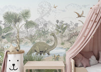 "Jurassic-style wallpaper with dinosaurs"
