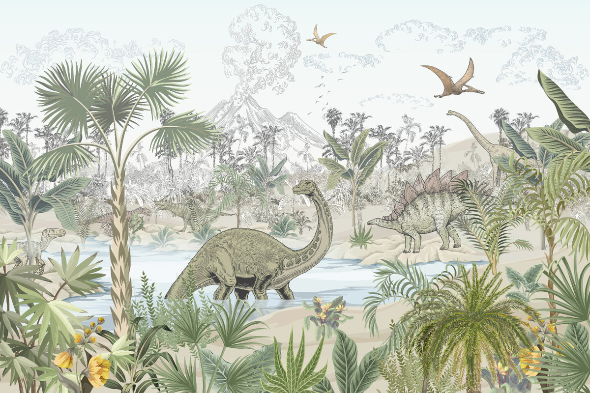 Tropical Dinosaur Jungle Wallpaper in your room — zoomed
