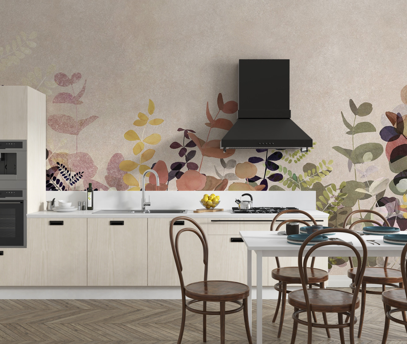 "Watercolor leaf wallpaper in soft tones"
