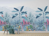 Botanical jungle mural with wildflowers
