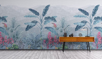 Blue and green jungle wallpaper mural
