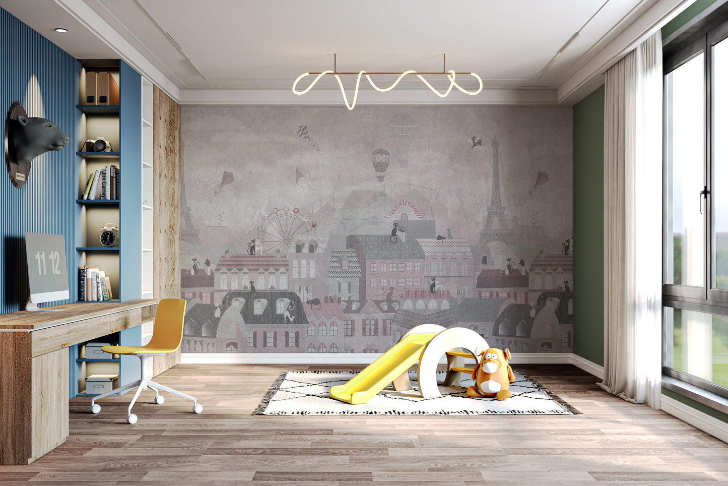 Vintage-style Paris wallpaper with rooftops
