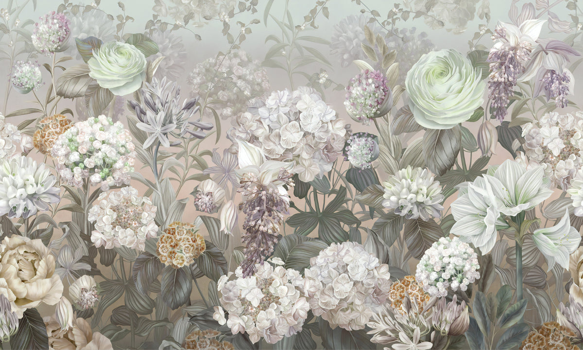 Elegant Pastel Botanical Wallpaper in your room — zoomed