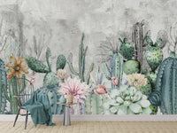 Soft pastel cactus wall mural design
