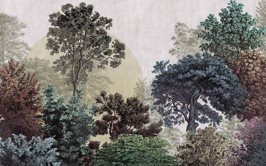 Colourful illustrated forest wallpaper