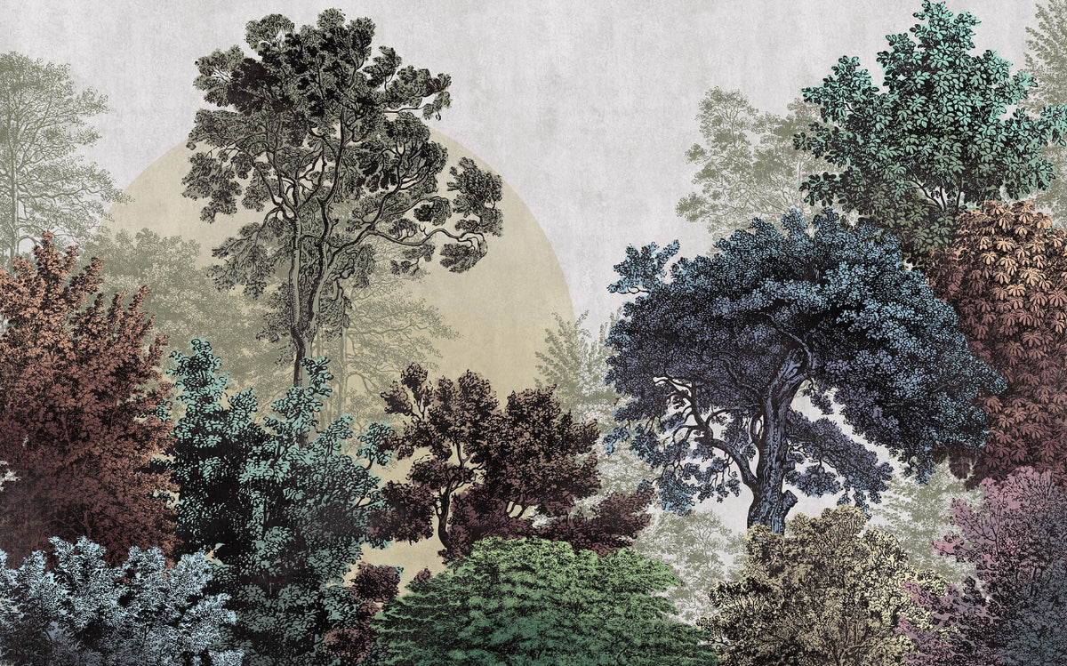 Colourful illustrated forest wallpaper