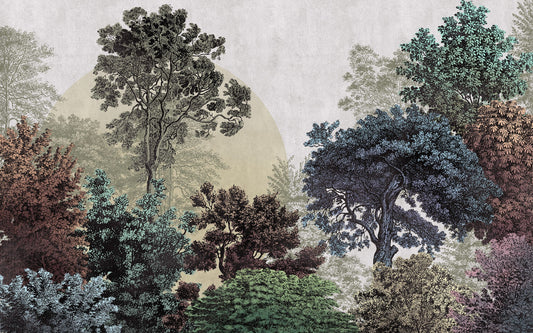 Colourful illustrated forest wallpaper