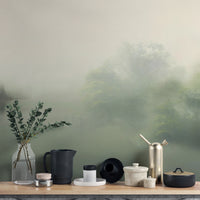Soft green misty landscape mural
