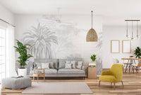 Foggy tropical palm wallpaper design
