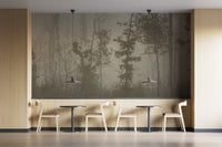 Tranquil foggy forest wallpaper scene
