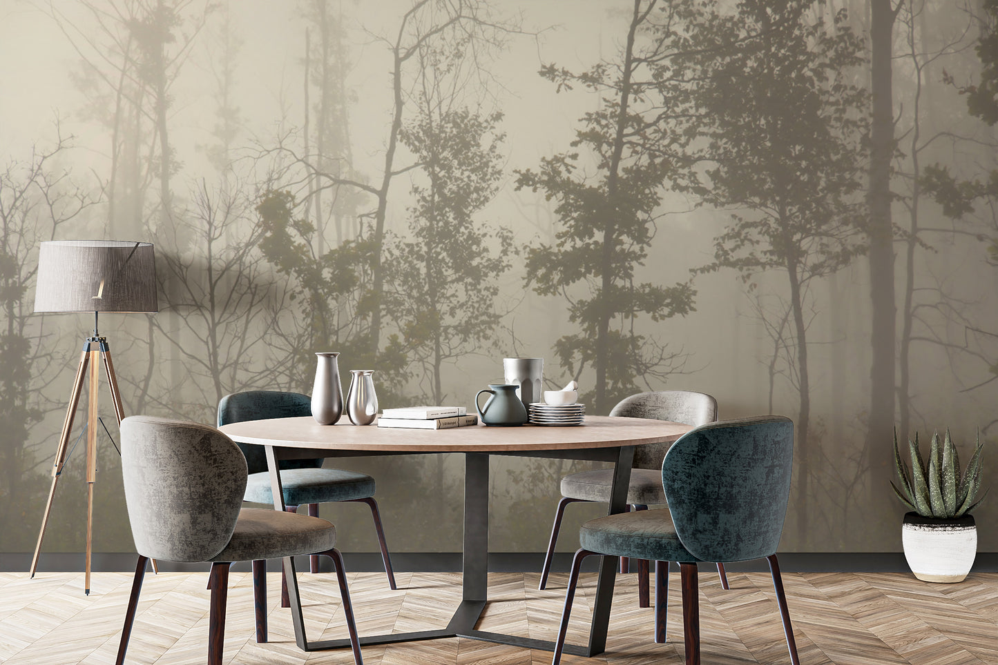 Foggy forest landscape wallpaper design
