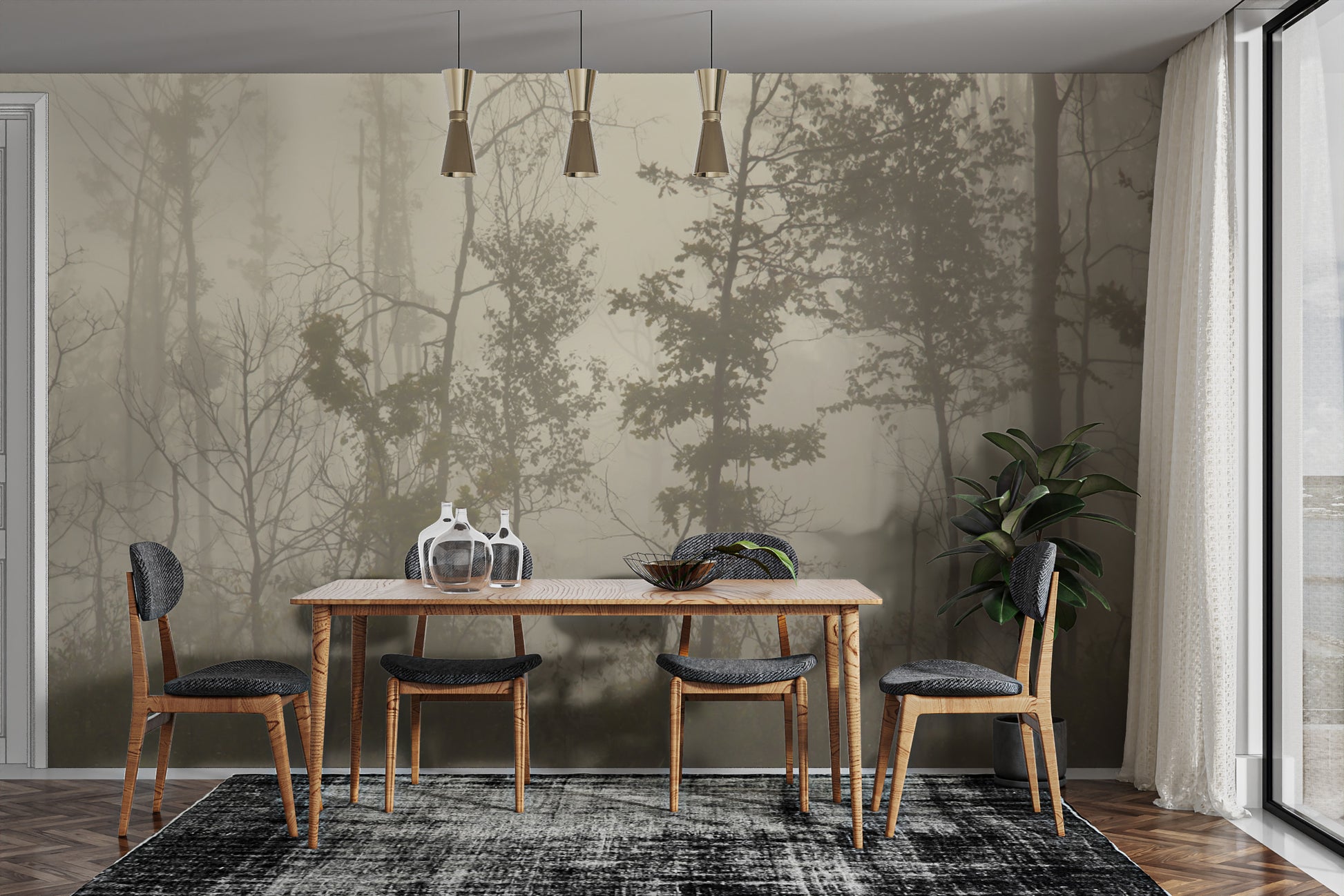 Foggy forest landscape wallpaper design
