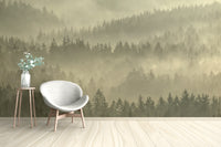 Nature-inspired golden misty forest wallpaper
