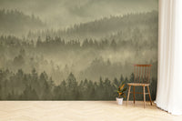 Soft golden misty forest wall covering
