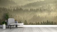 Layered misty forest wallpaper in gold
