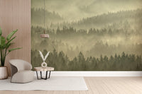 Golden hued misty forest wallpaper style
