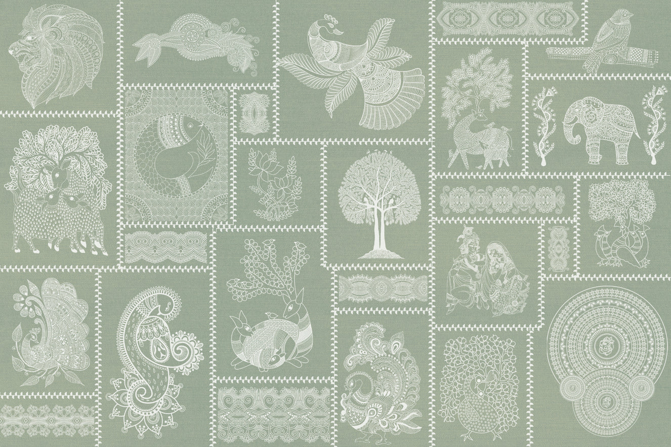 Sage Harmony Madhubani Fusion Wallpaper