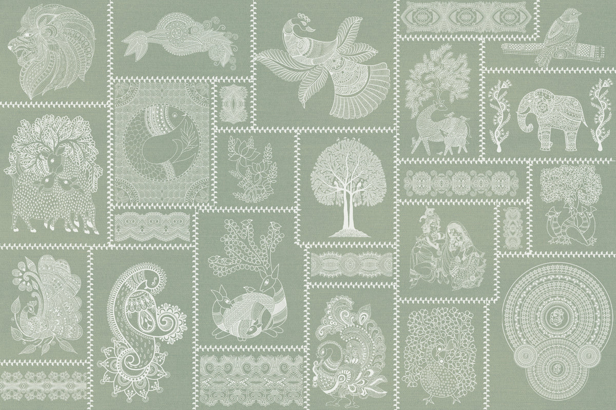 Sage Harmony Madhubani Fusion Wallpaper