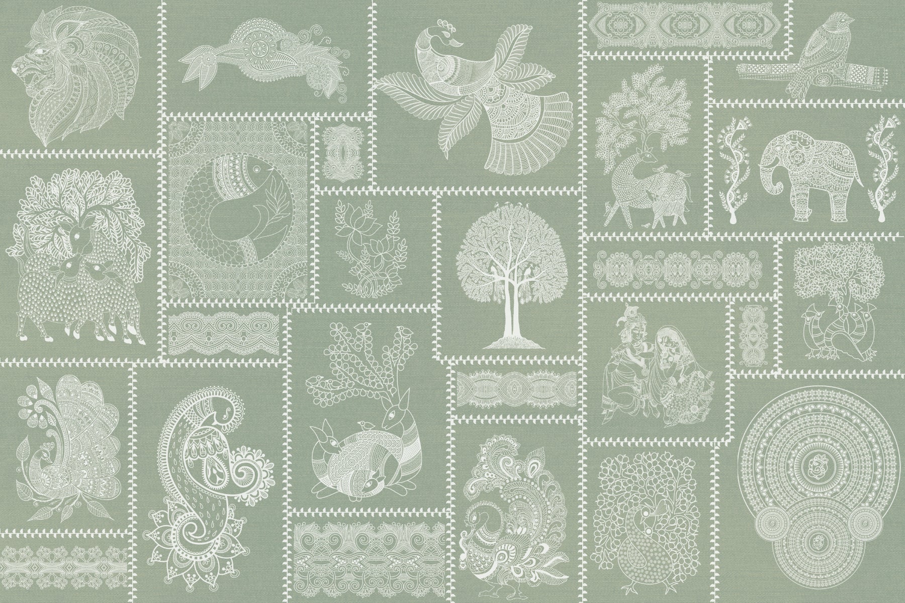 Sage Harmony Madhubani Fusion Wallpaper