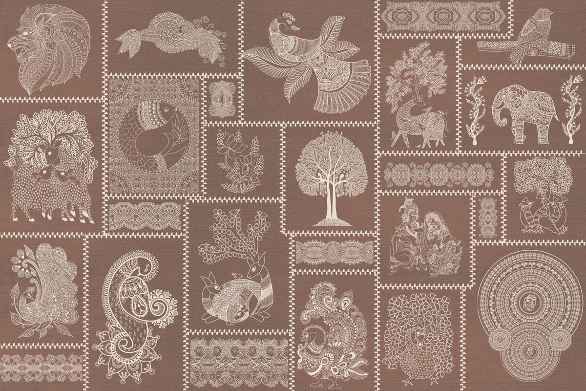 Madhubani Warli Terracotta Harmony Wallpaper in your room — zoomed