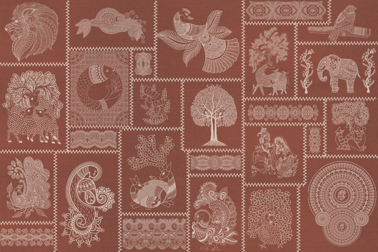 Rust Harmony Warli Fusion Madhubani Wallpaper