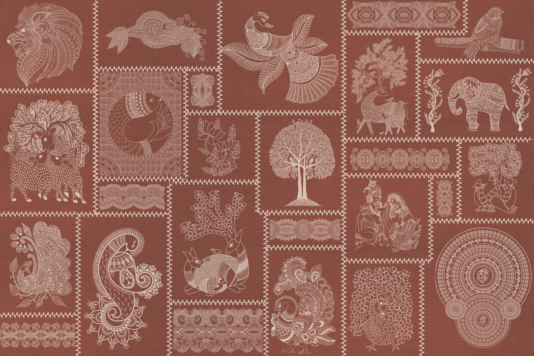 Rust Harmony Warli Fusion Madhubani Wallpaper
