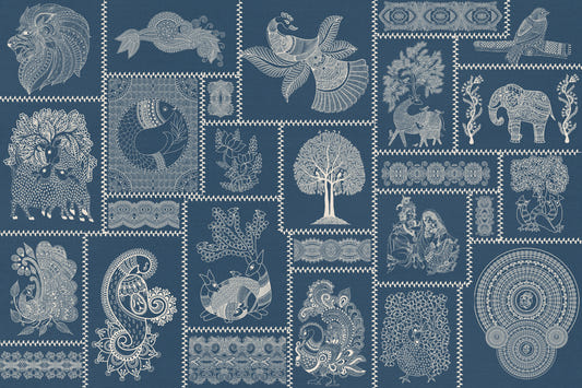 Indigo Harmony Warli Fusion Wallpaper