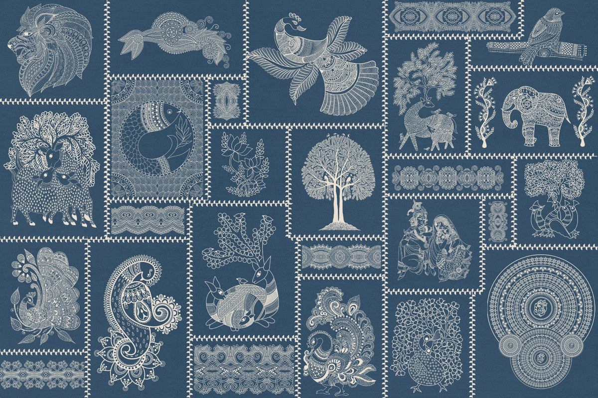 Indigo Harmony Warli Fusion Wallpaper in your room — zoomed