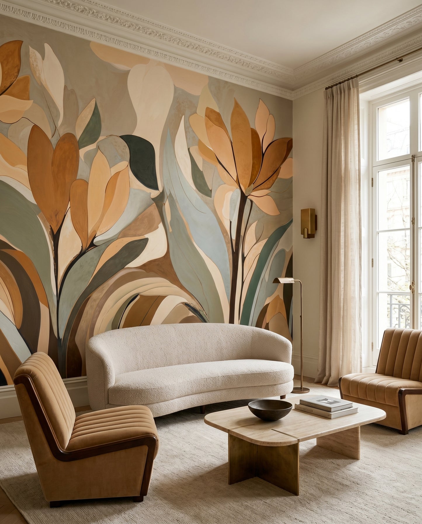 Earthy floral mural with elongated petals in taupe cream and warm brown, GD10364