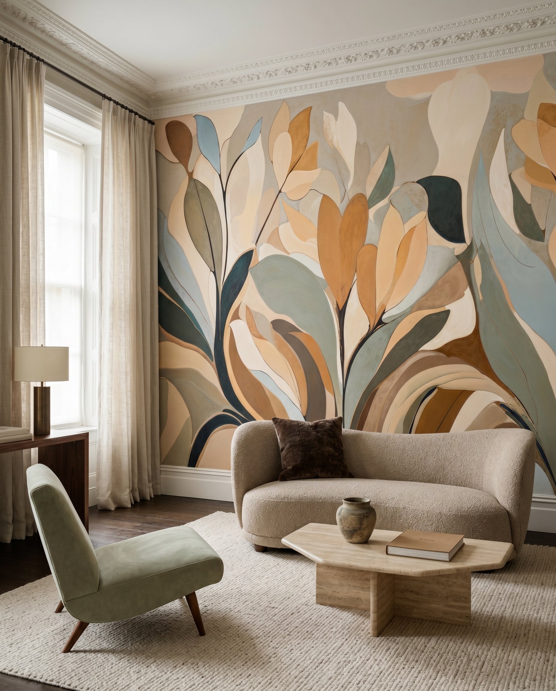 Contemporary botanical wall mural with smooth curving organic shape in hallway., GD10364