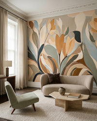 Contemporary botanical wall mural with smooth curving organic shape in hallway., GD10364