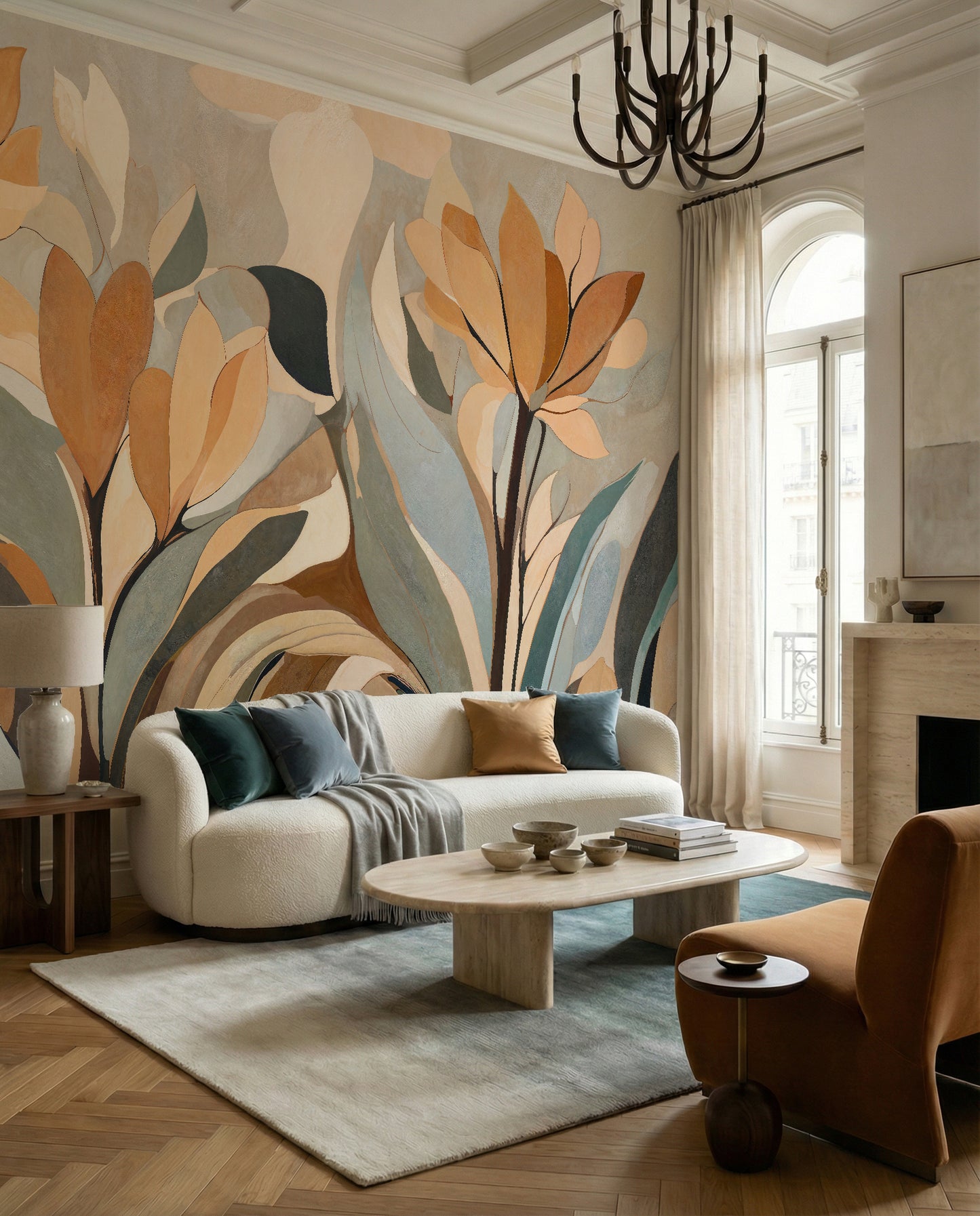 Fluid abstract leaf and petal wall mural in muted amber teal and beige palette., GD10364
