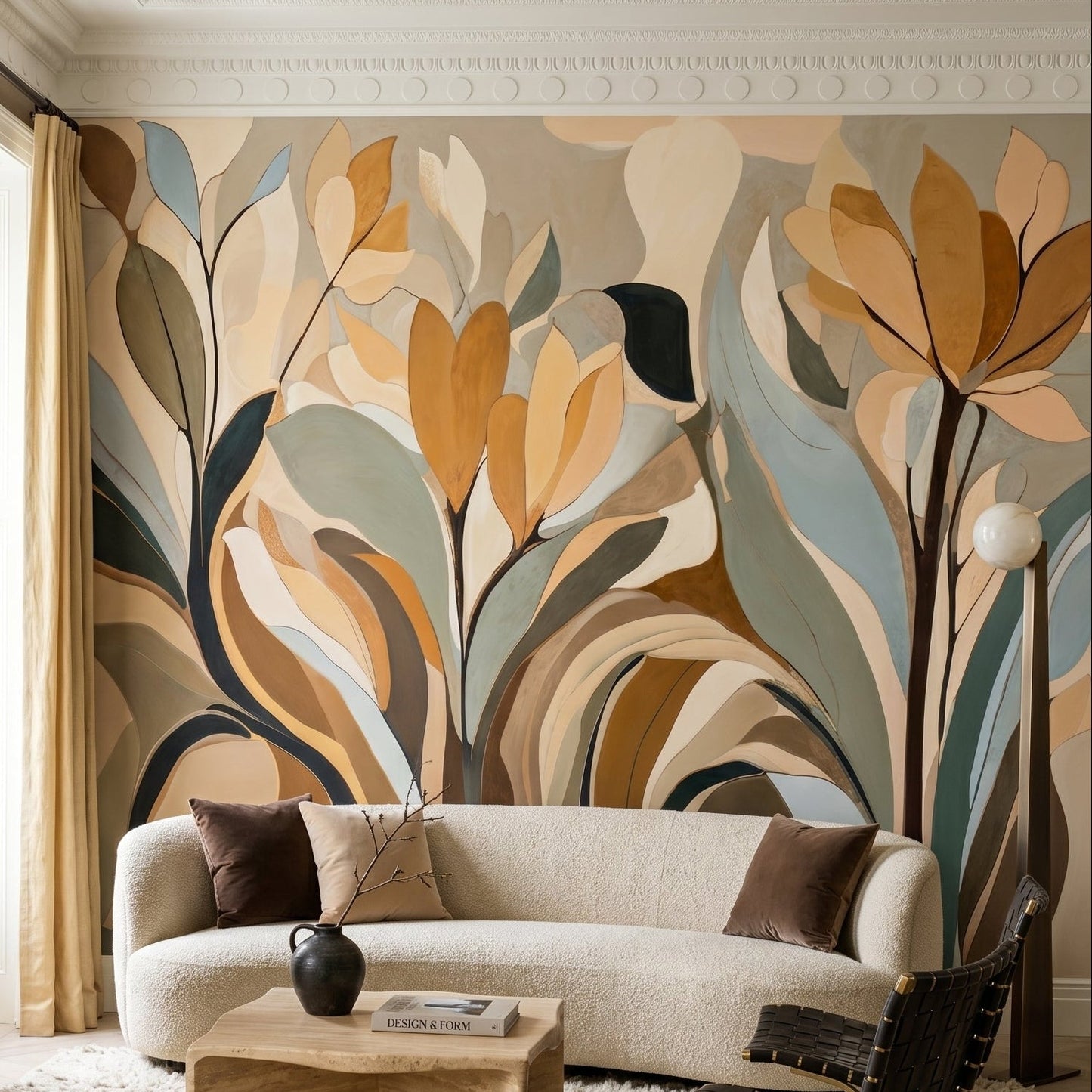Painterly botanical wall mural with overlapping leaves and open bloom forms., GD10364