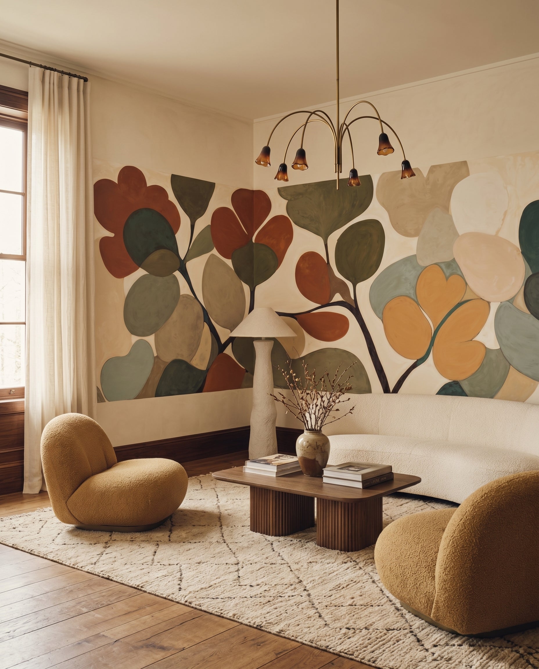 Overlapping rounded leaves wall mural in warm brown teal and sandy beige. palette, GD10363