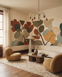 Overlapping rounded leaves wall mural in warm brown teal and sandy beige. palette, GD10363