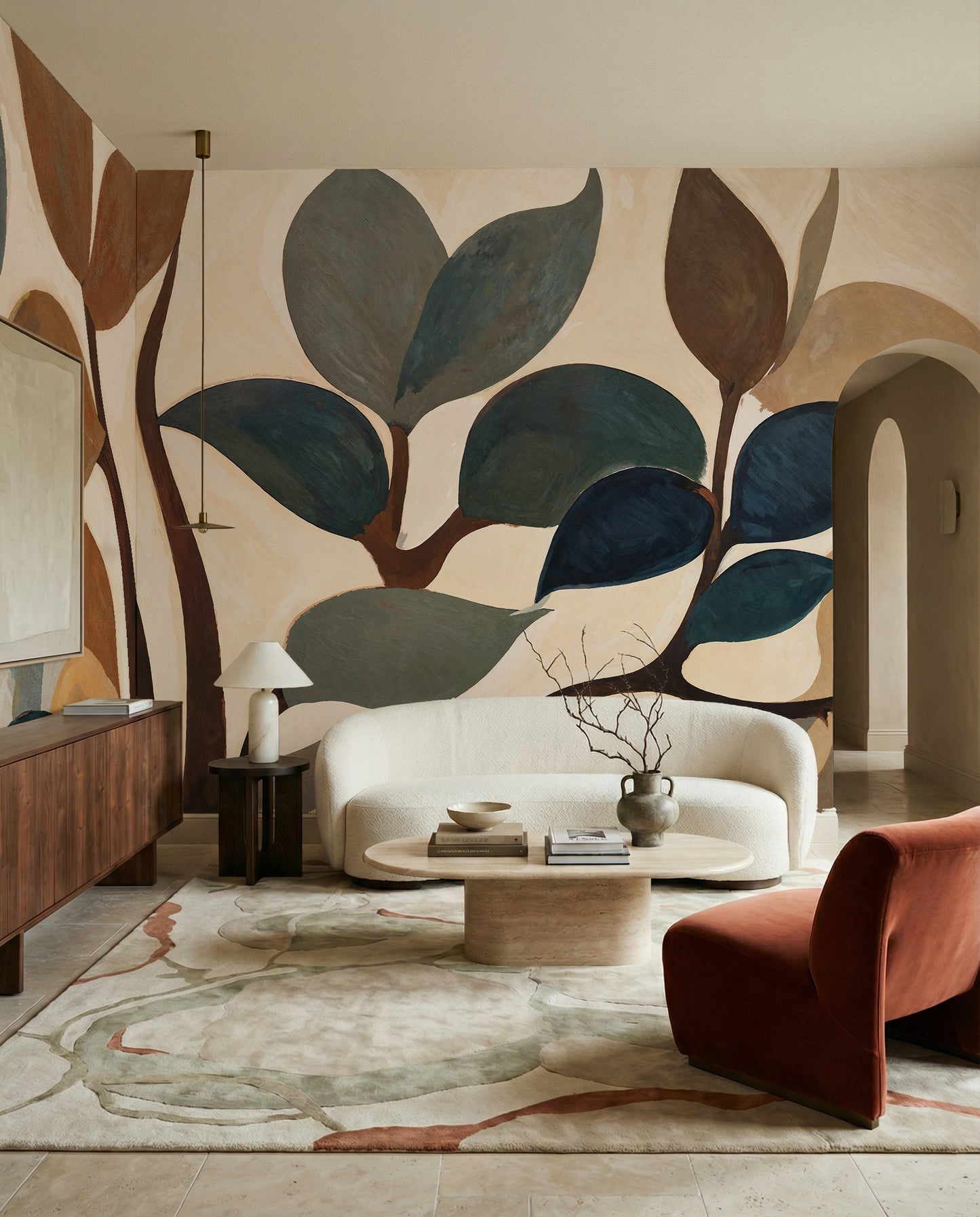 Earthy leaf wall mural with tan grey and teal tones on off-white background, GD10365