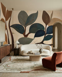 Earthy leaf wall mural with tan grey and teal tones on off-white background, GD10365