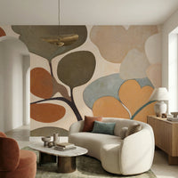 Wide format botanical mural with organic leaf shapes and dark stems., GD10363
