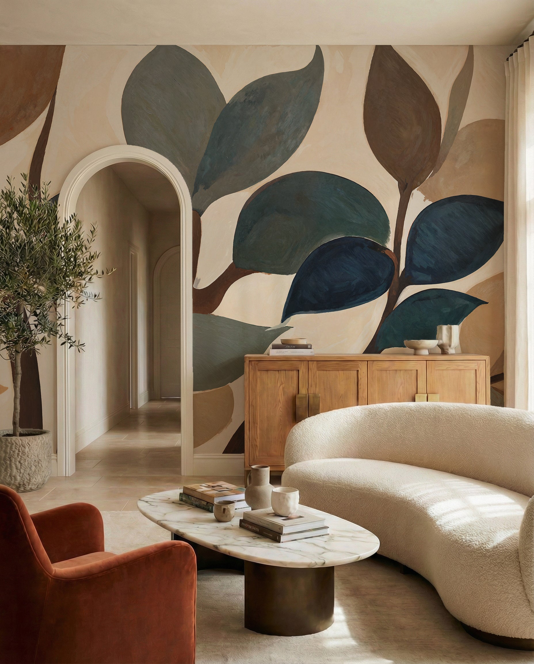 Broad curved branches mural with layered teal brown and cream leaf shapes., GD10365