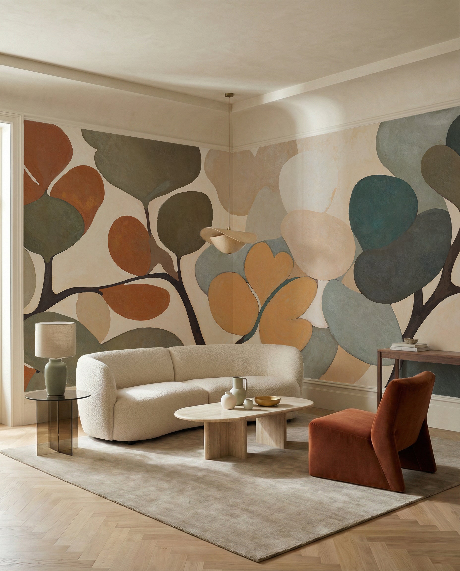 Contemporary leaf wall mural in hallway with muted earthy rust and grey tones., GD10363