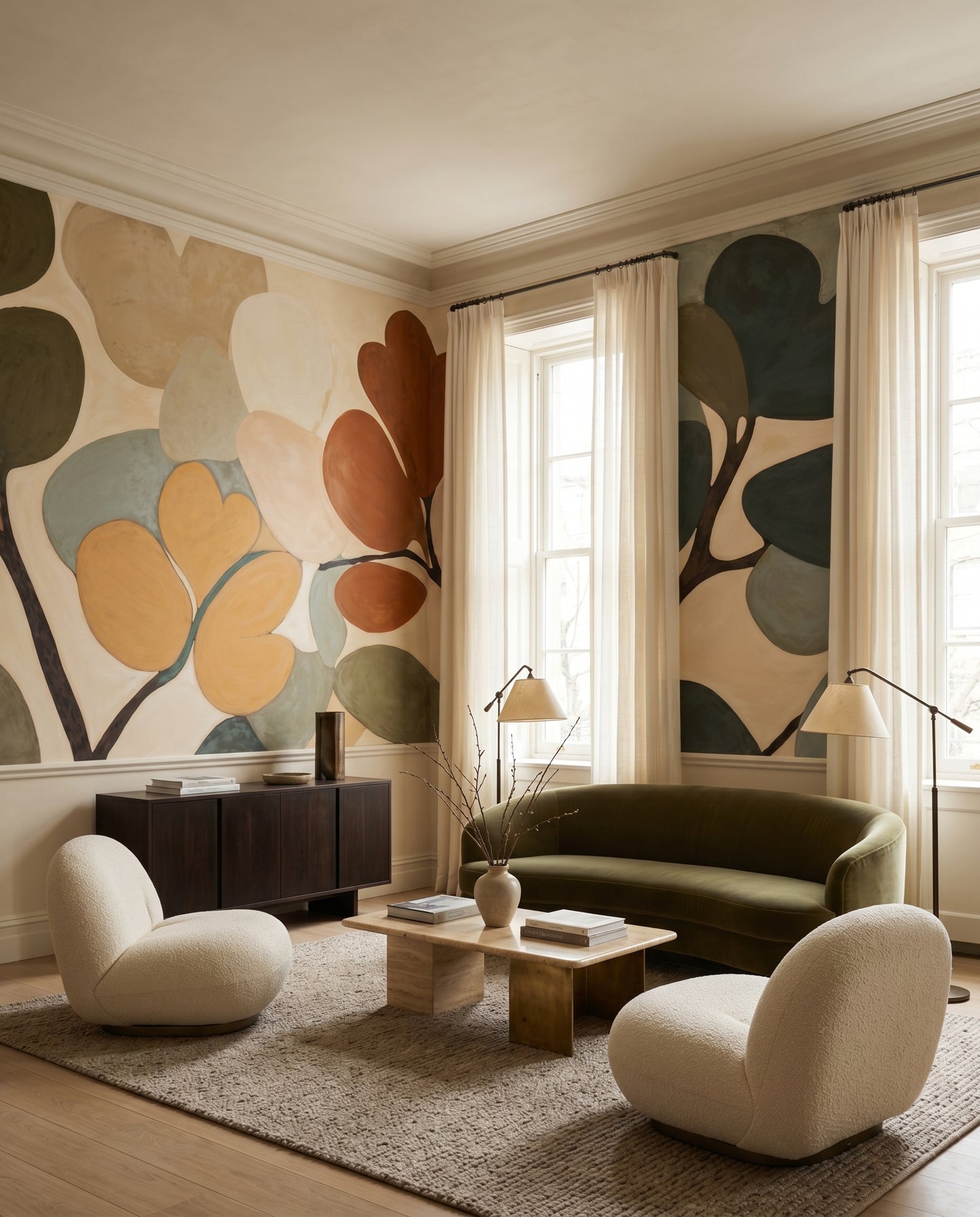 Botanical wall mural with teal olive and amber leaves on slender branches., GD10363