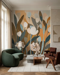 Botanical wall mural featuring cream tulips and brown teal leaves., GD10362