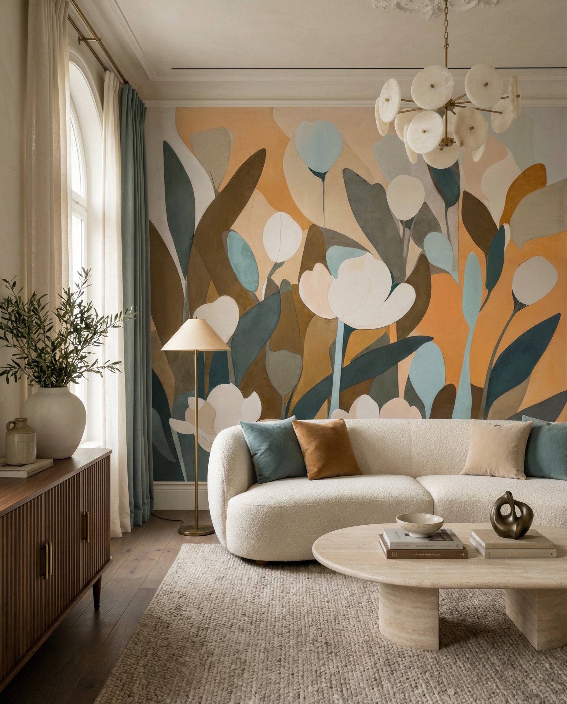 Peach and teal tulip meadow wall mural with muted colour palette., GD10362