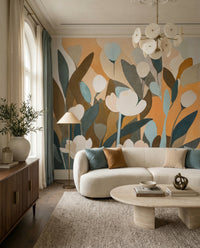 Peach and teal tulip meadow wall mural with muted colour palette., GD10362