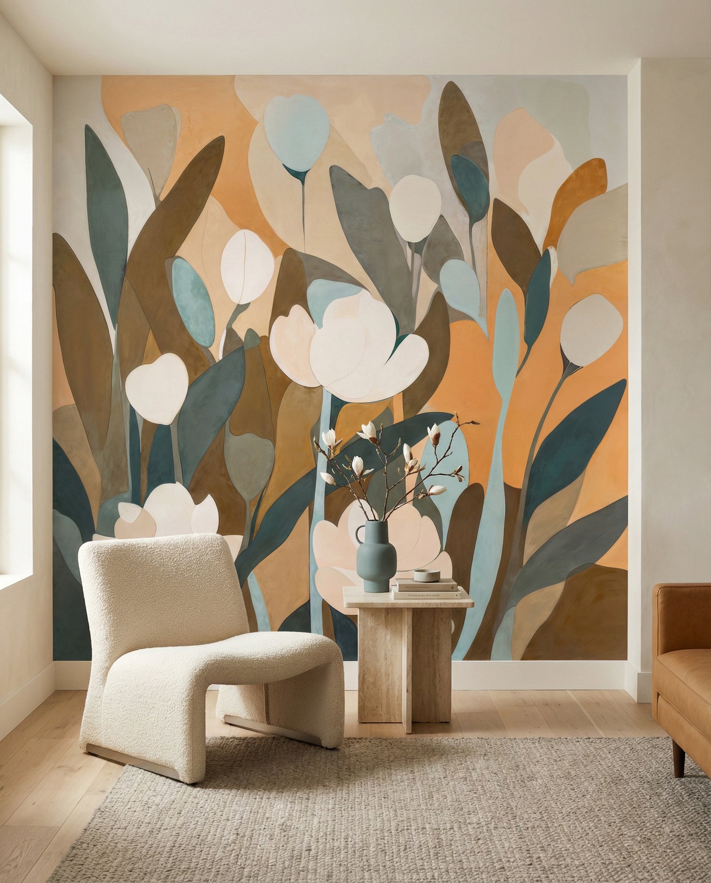 Soft white blossoms wall mural against amber and ochre gradient background., GD10362